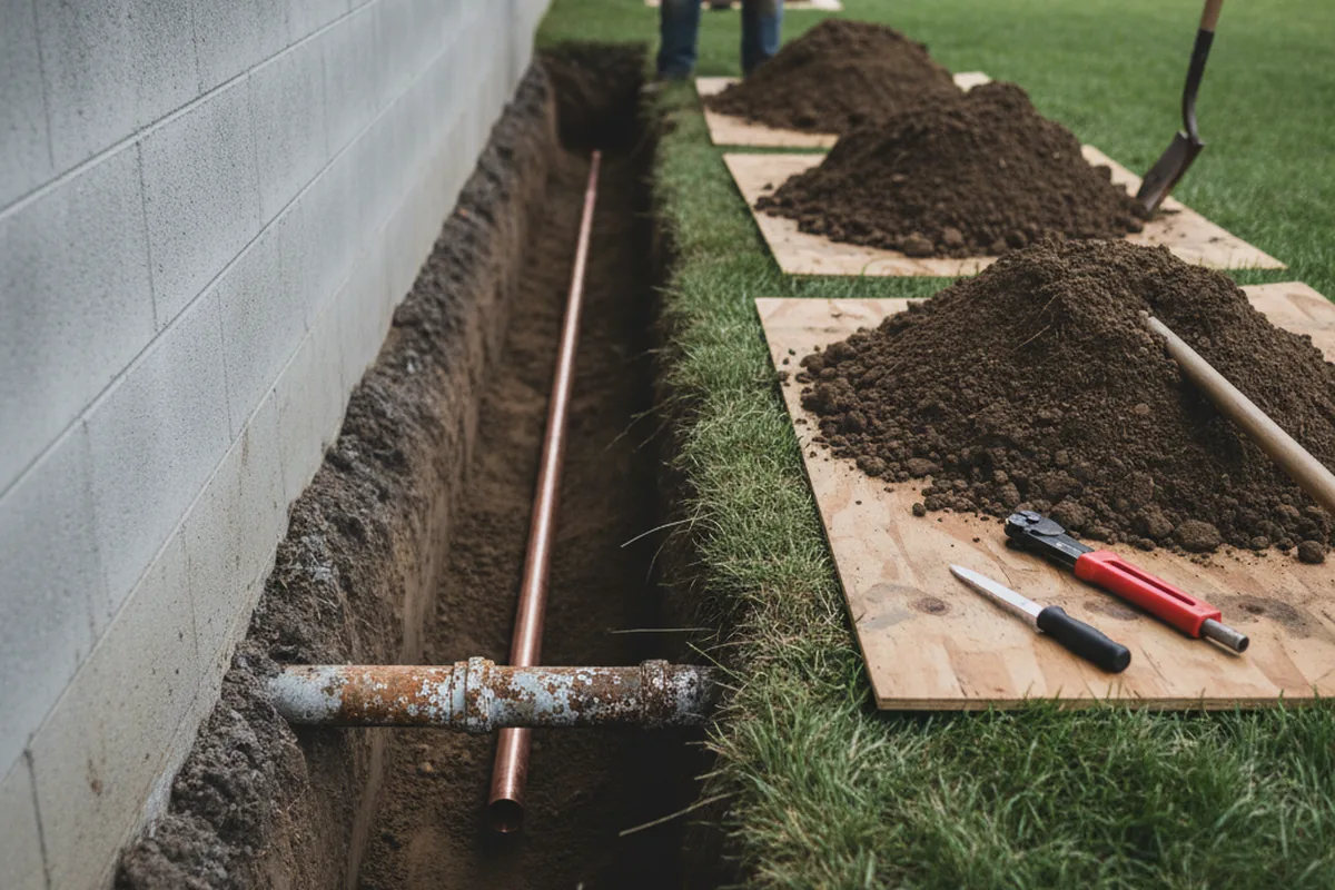 Excavated water line trench during Water Heater Repair in Sun Prairie